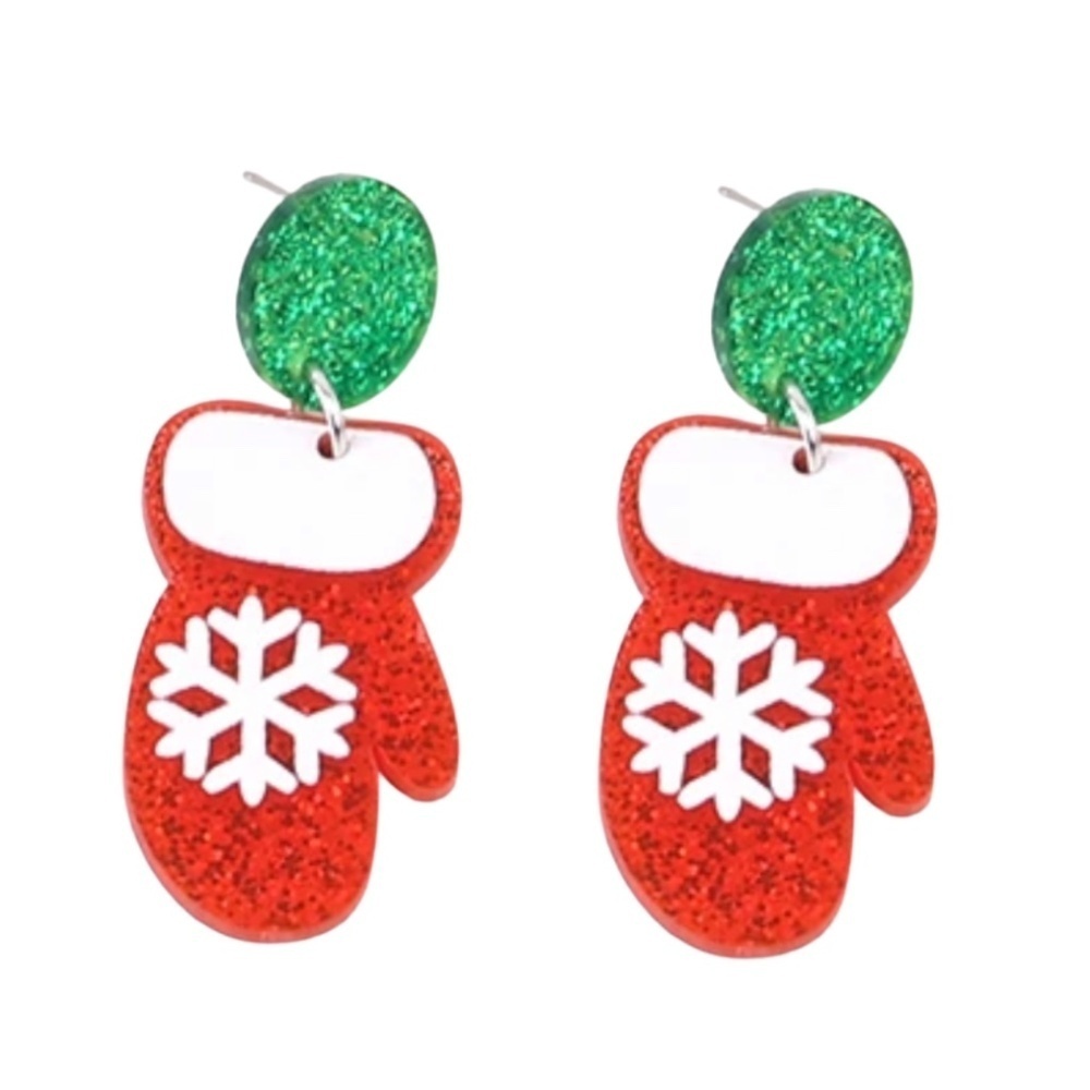 Red Glitter Mitten Christmas Earrings – Holiday Statement Jewelry with Snowflake